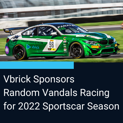 Image of a race car with text that reads, "Vbrick Sponsors Random Vandals Racing for 2022 Sportscar Season"