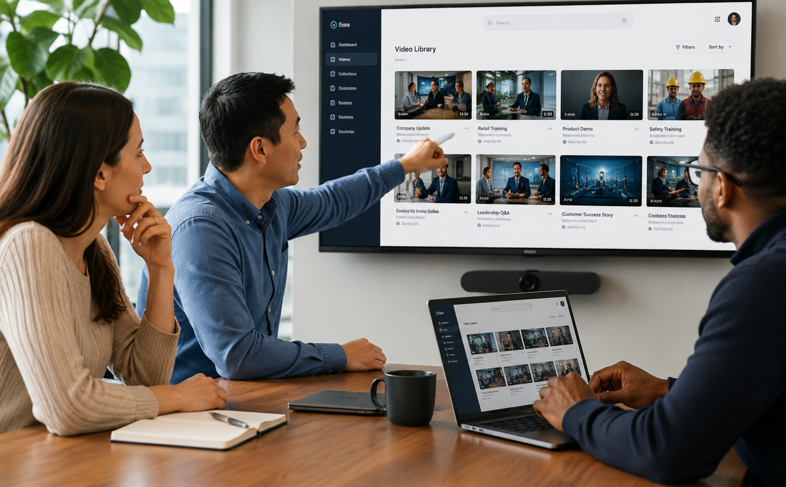 Coworkers collaborate around a screen in an office