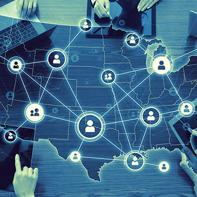 Abstract image of a map with icons in circles, connected by glowing lines