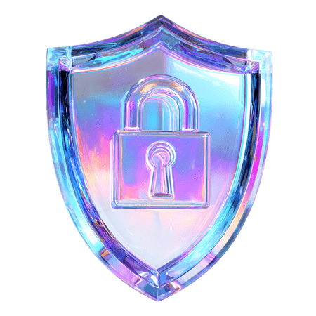 A 3D translucent glass shield featuring an embedded padlock symbol with vibrant iridescent blue and purple gradients