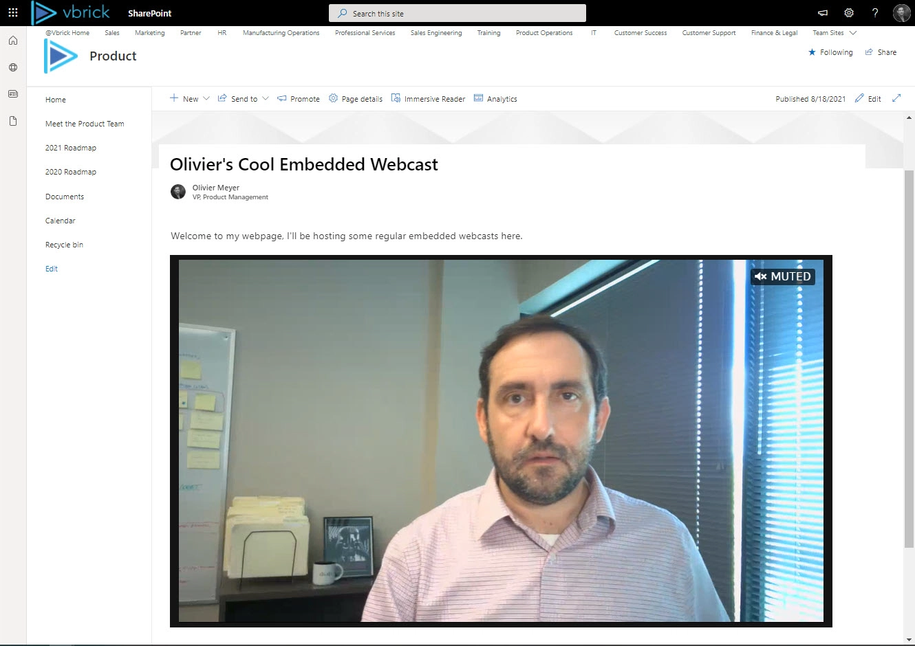 Interface showing embedded webcasts in Microsoft SharePoint