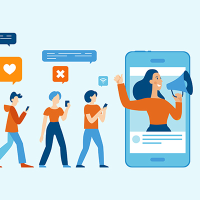 illustration of people walking on their mobile phones and engaging with content