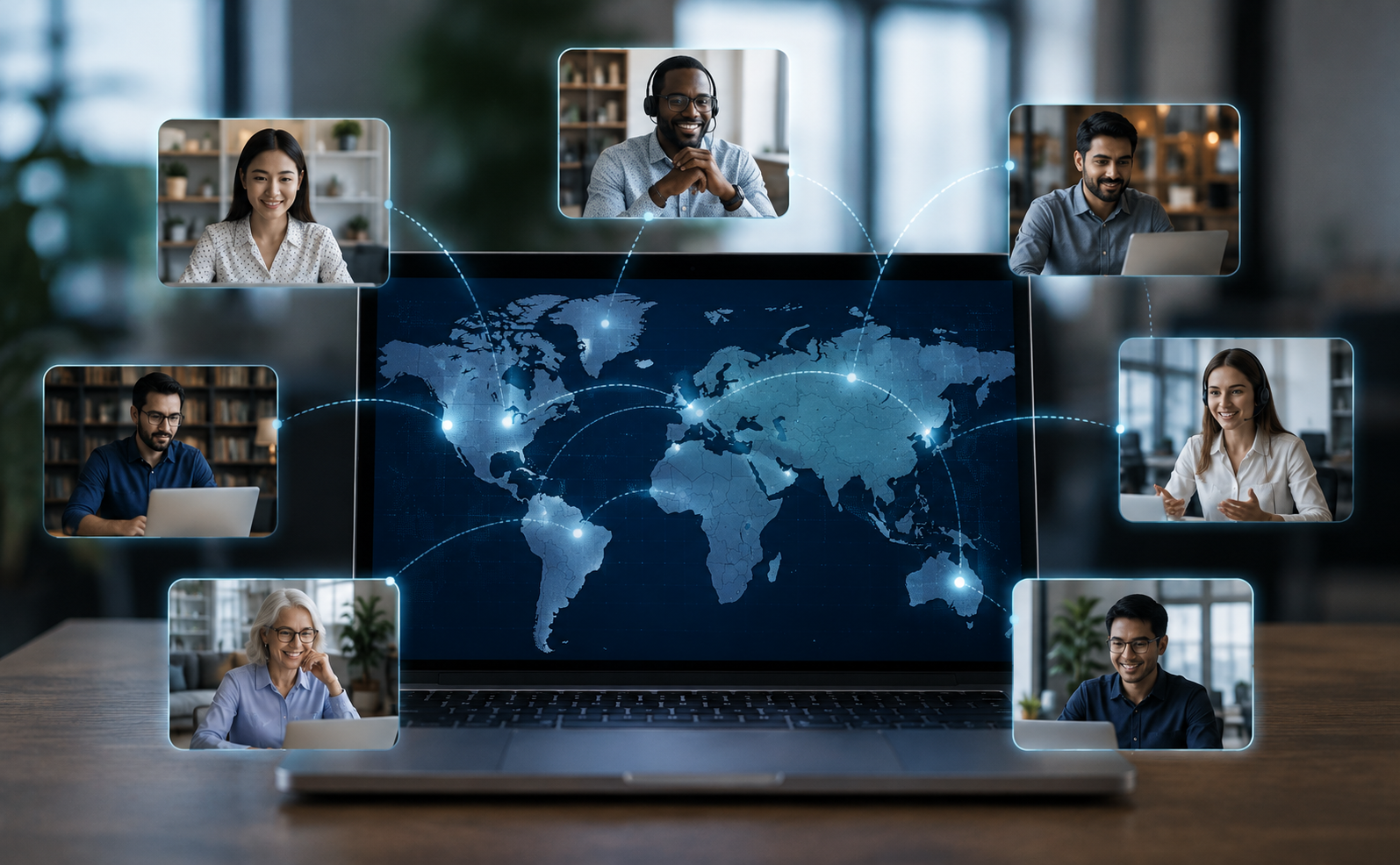 Laptop showing map of the world with connections to coworkers on a virtual meeting