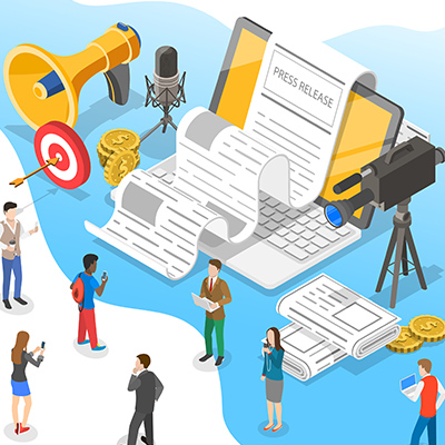 Abstract illustration of large laptop with long receipt overlaying it, and small people surrounding it with giant cameras and megaphone