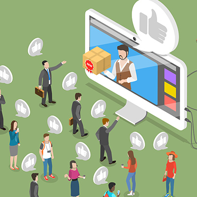illustration of oversized monitor screen with someone holding a package and people standing in front of the screen with thumbs up emojis above their heads