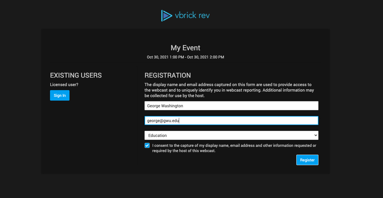 Screenshot of UI - Public Webcast Event Registration & Registration Management