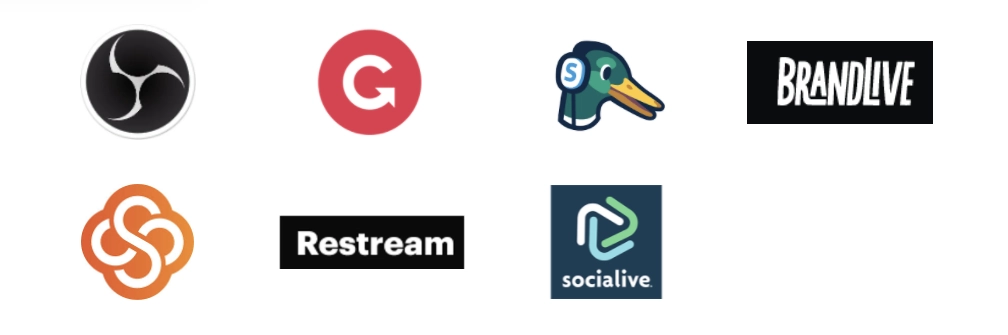 Image of logos for OBS, Switcher Studio, Restream.io, Socialive, Brandlive, Streamyard