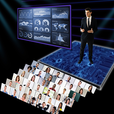 Abstract image of a man standing on a stage with many screens with faces in front of the stage and analytics floating in front of him that he is presenting