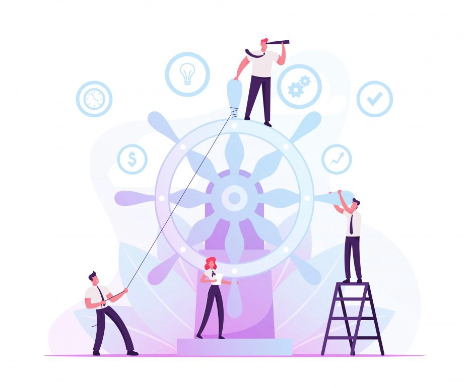 abstract illustration of people working together on a large wheel