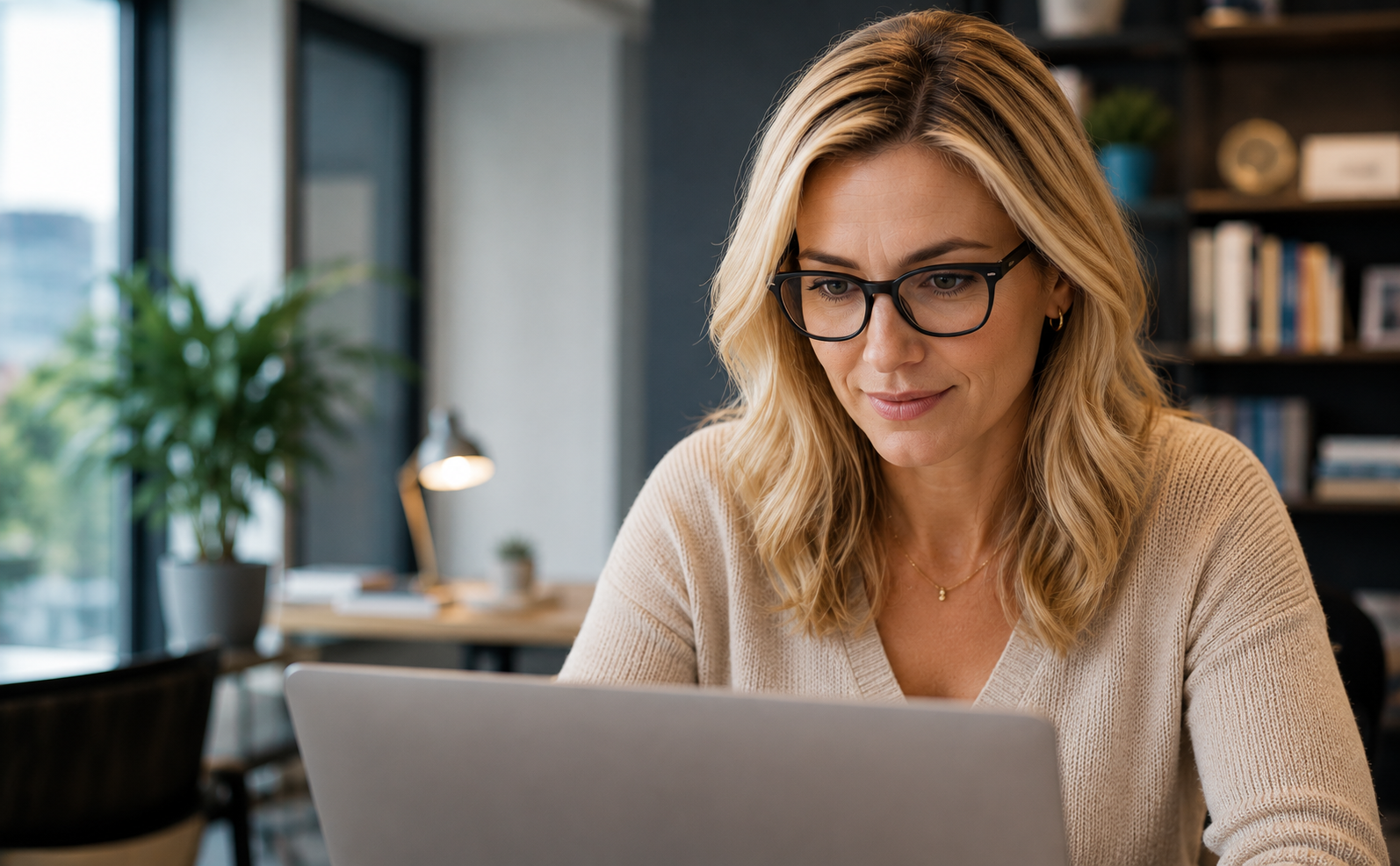 Woman working at a laptop in a modern office