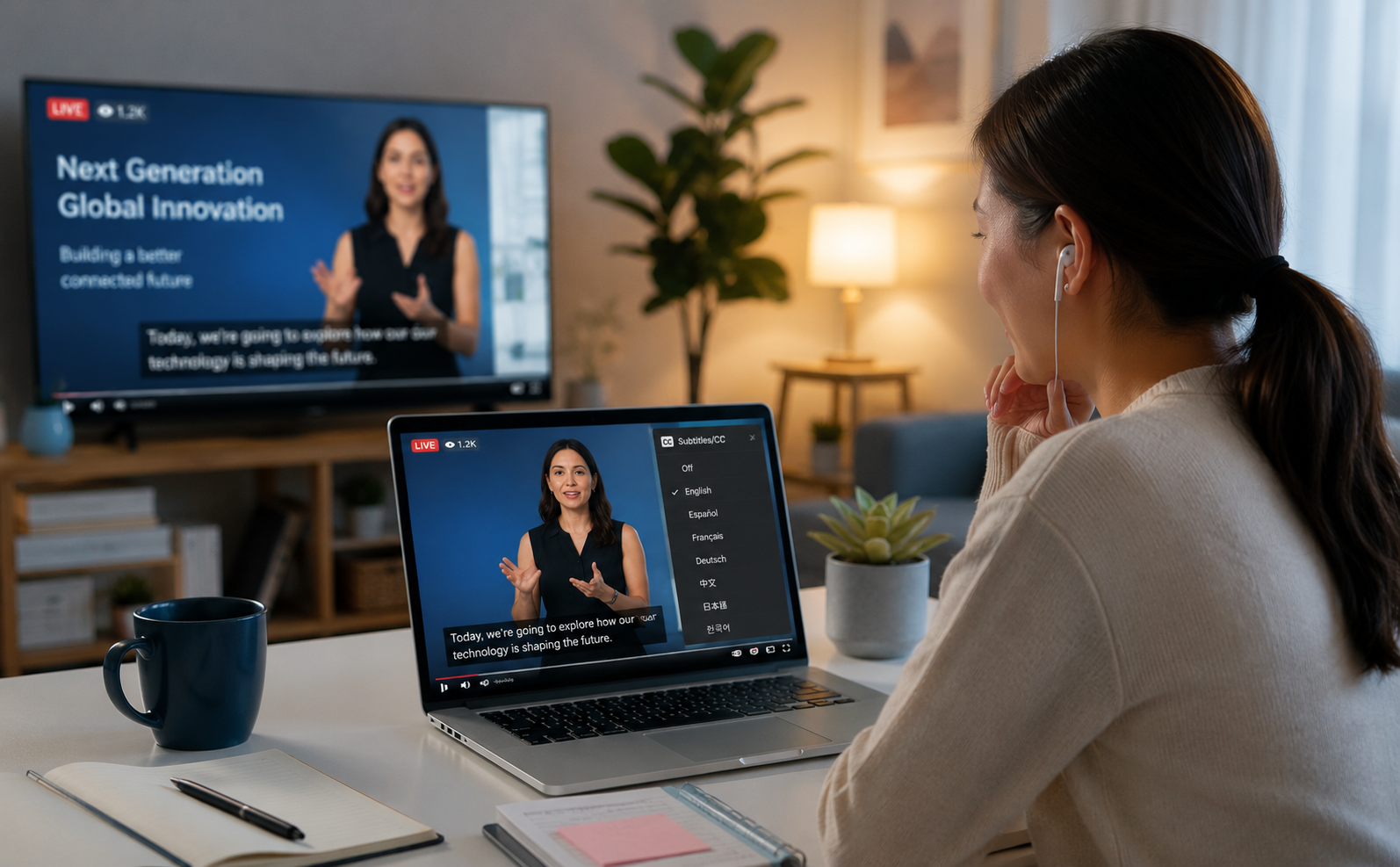 woman working in a home office attending a live stream