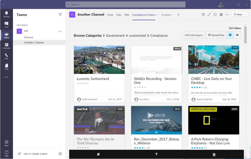 Screenshot of the Microsoft Teams User interface, showing a library of compliance videos