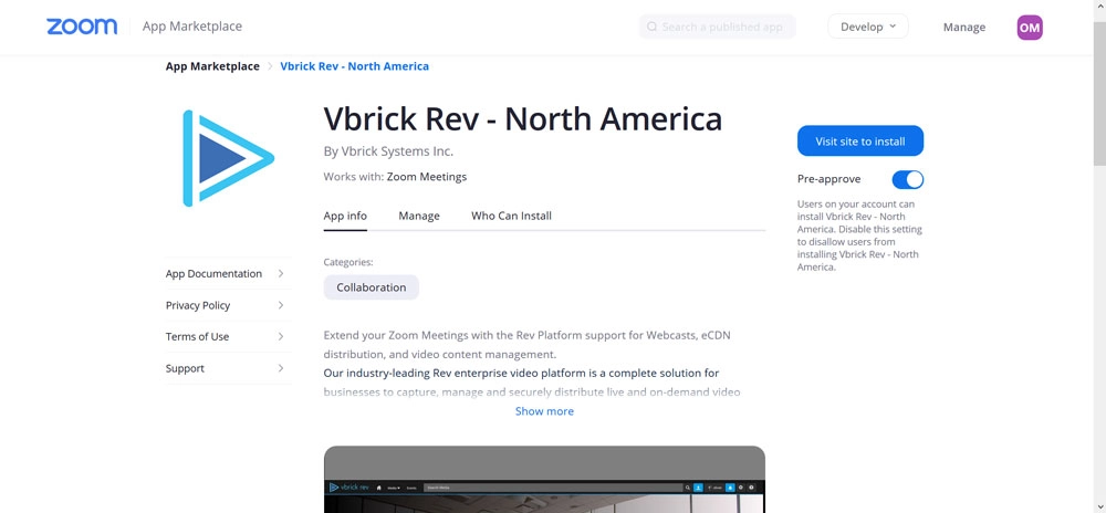 Screenshot of Zoom App Market interface with Vbrick App details