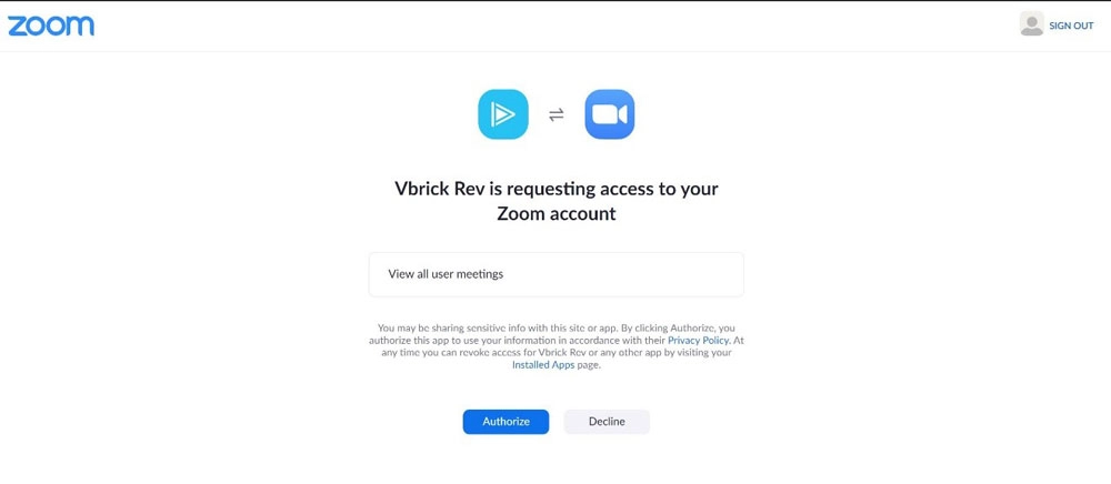 Screenshot of screen where you'll be asked to login to your Rev account and prompted to authorize access for the Rev Zoom integration to your Zoom account.